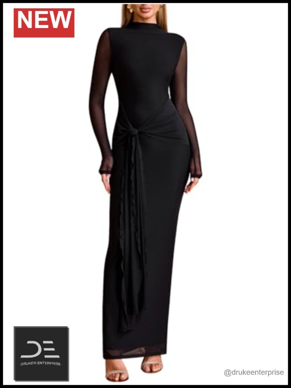 Long Sleeve Bodycon Maxi Dress Mesh Turtleneck Open Back Wedding Guest
